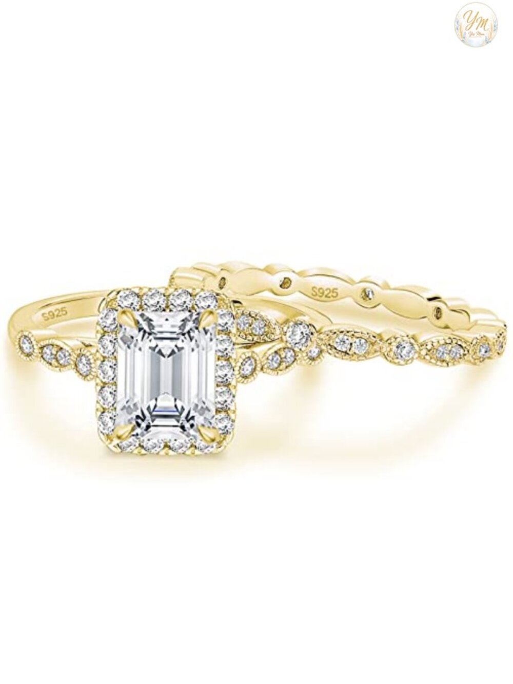 EAMTI Sterling Silver 925 Emerald Cut CZ Wedding Ring Set Size 6 Bridal Set